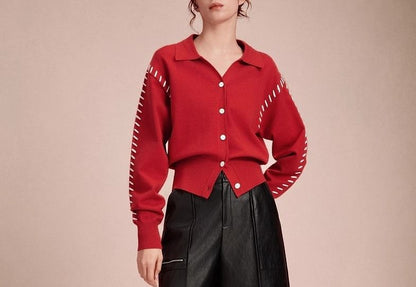 Collared Contrast Stitch Cardigan