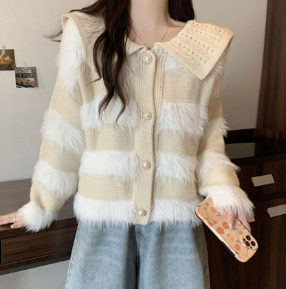 Collar Striped Fluffy Trim Cardigan