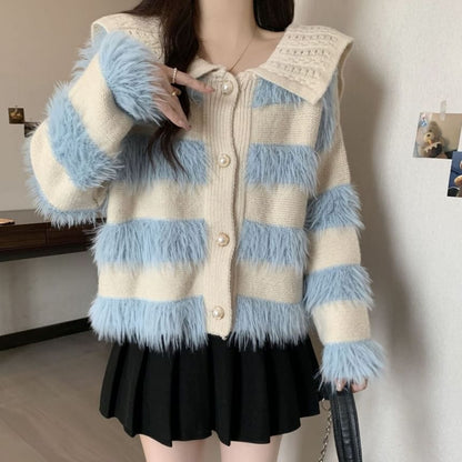 Collar Striped Fluffy Trim Cardigan