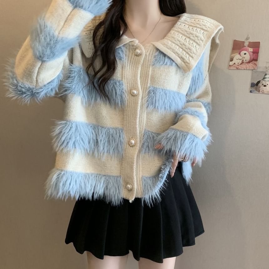 Collar Striped Fluffy Trim Cardigan