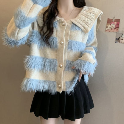 Collar Striped Fluffy Trim Cardigan