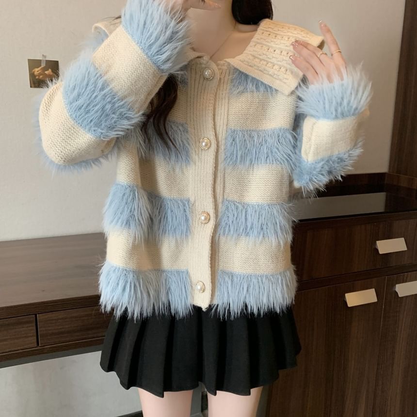 Collar Striped Fluffy Trim Cardigan