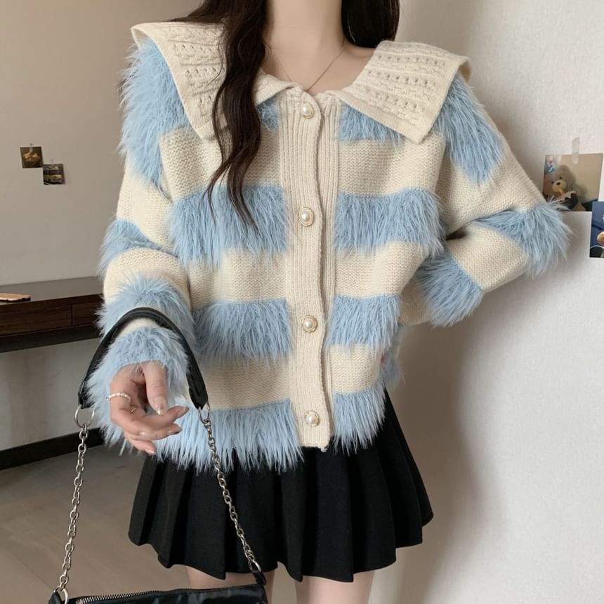 Collar Striped Fluffy Trim Cardigan