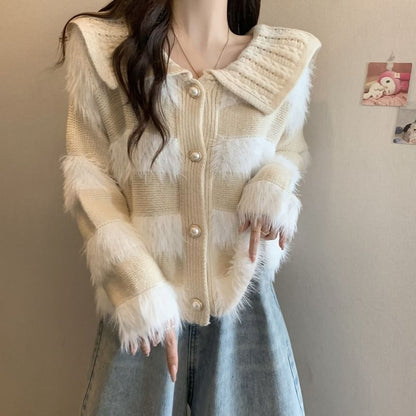 Collar Striped Fluffy Trim Cardigan