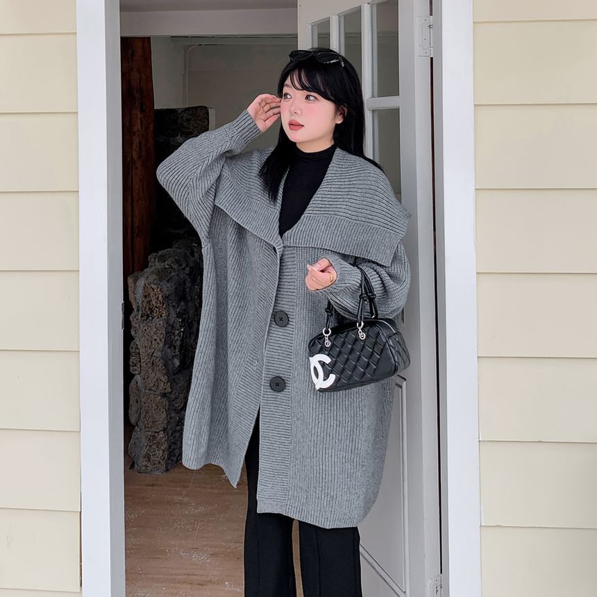 [XL-2XL] Collared Plain Ribbed Cardigan