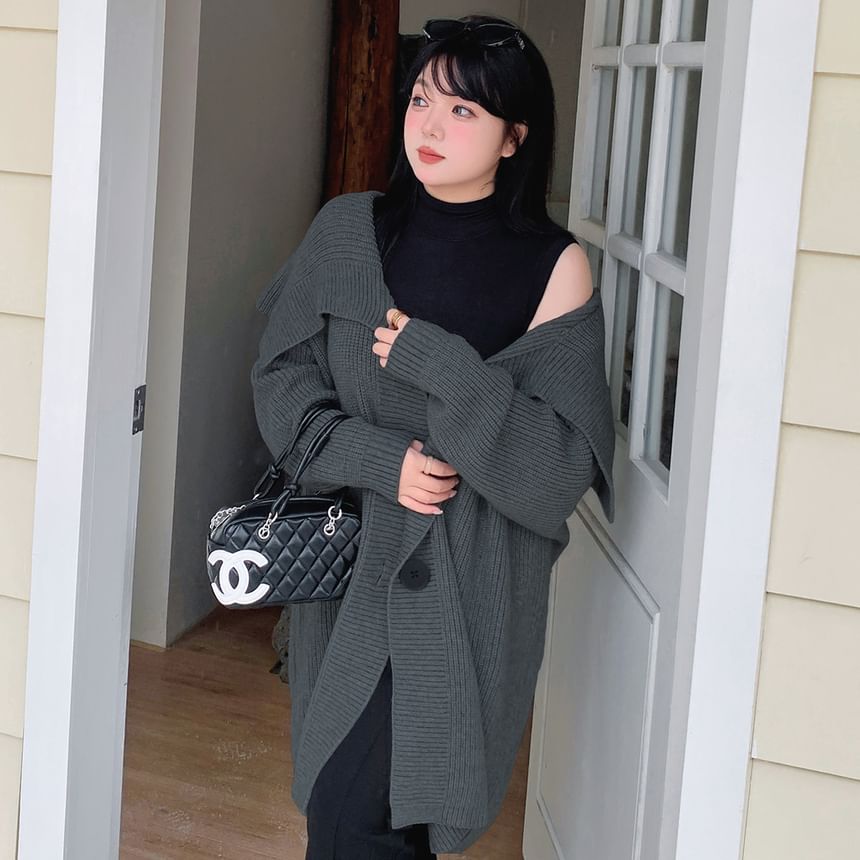 [XL-2XL] Collared Plain Ribbed Cardigan