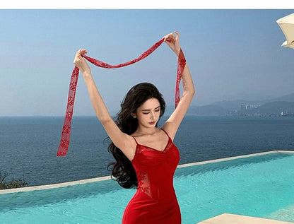 Set: Spaghetti Strap V-Neck Lace Panel Ruched Maxi Sheath Corset Dress + Skinny Scarf