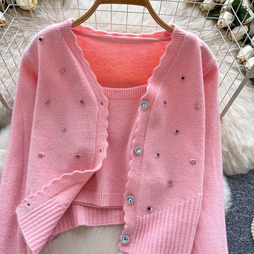 Set: Plain Knit Crop Camisole Top + V-Neck Rhinestone Accent Button-Up Cardigan