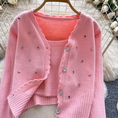 Set: Plain Knit Crop Camisole Top + V-Neck Rhinestone Accent Button-Up Cardigan