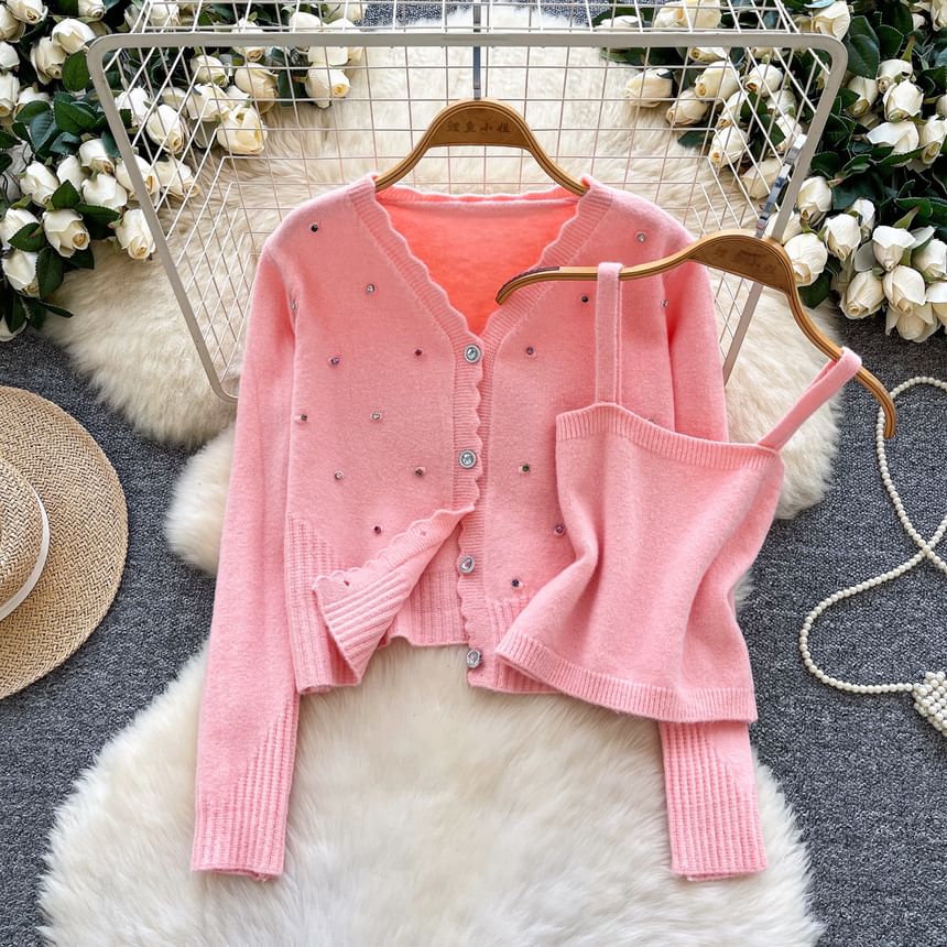 Set: Plain Knit Crop Camisole Top + V-Neck Rhinestone Accent Button-Up Cardigan