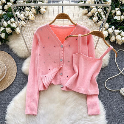 Set: Plain Knit Crop Camisole Top + V-Neck Rhinestone Accent Button-Up Cardigan