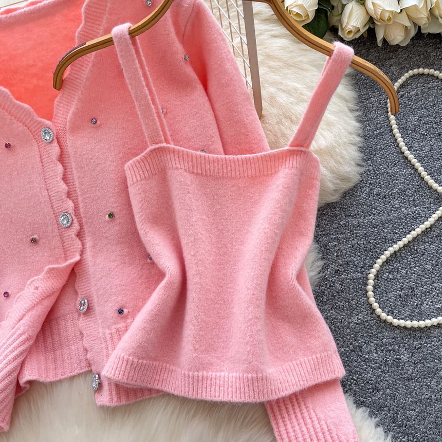 Set: Plain Knit Crop Camisole Top + V-Neck Rhinestone Accent Button-Up Cardigan