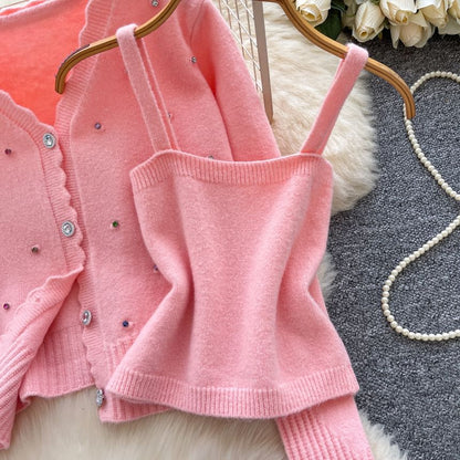Set: Plain Knit Crop Camisole Top + V-Neck Rhinestone Accent Button-Up Cardigan