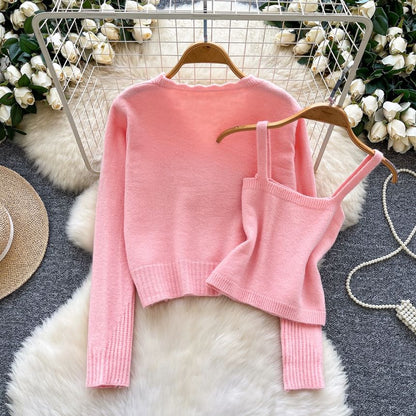 Set: Plain Knit Crop Camisole Top + V-Neck Rhinestone Accent Button-Up Cardigan