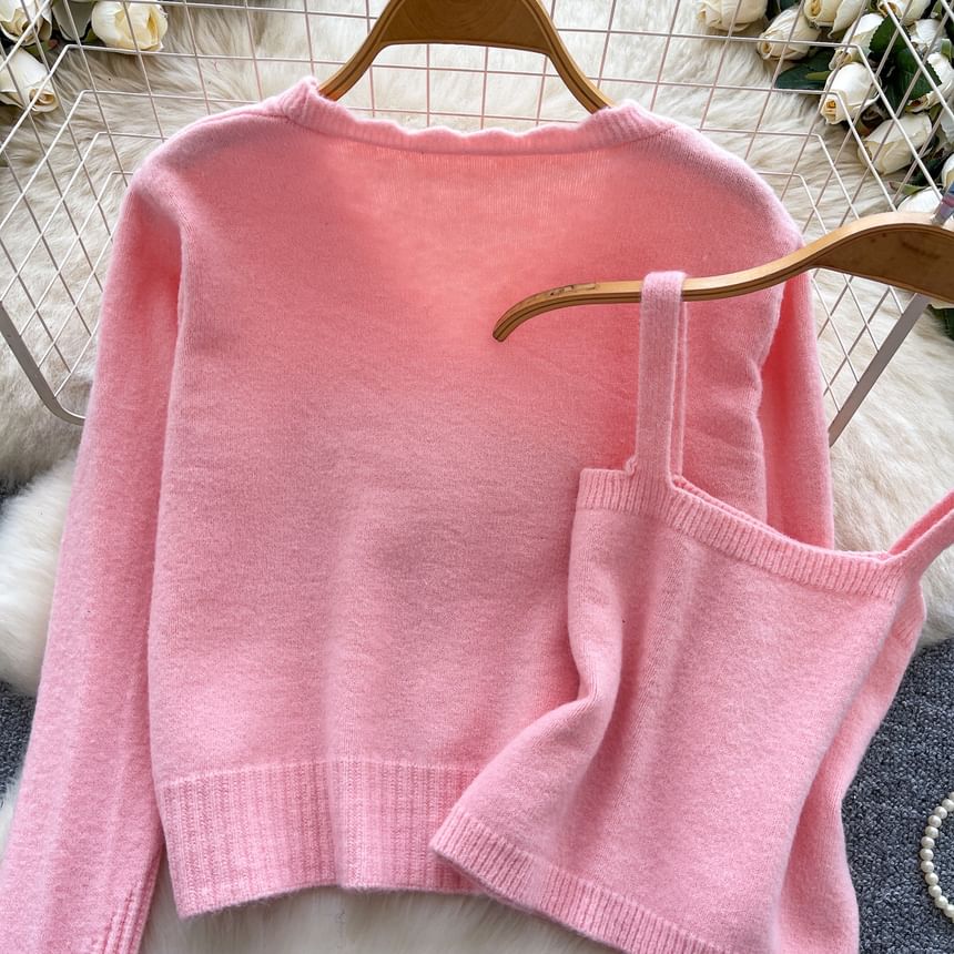 Set: Plain Knit Crop Camisole Top + V-Neck Rhinestone Accent Button-Up Cardigan