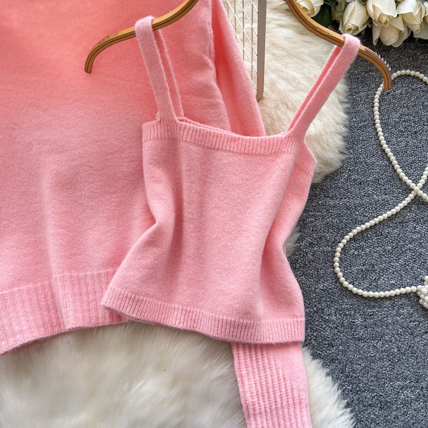 Set: Plain Knit Crop Camisole Top + V-Neck Rhinestone Accent Button-Up Cardigan