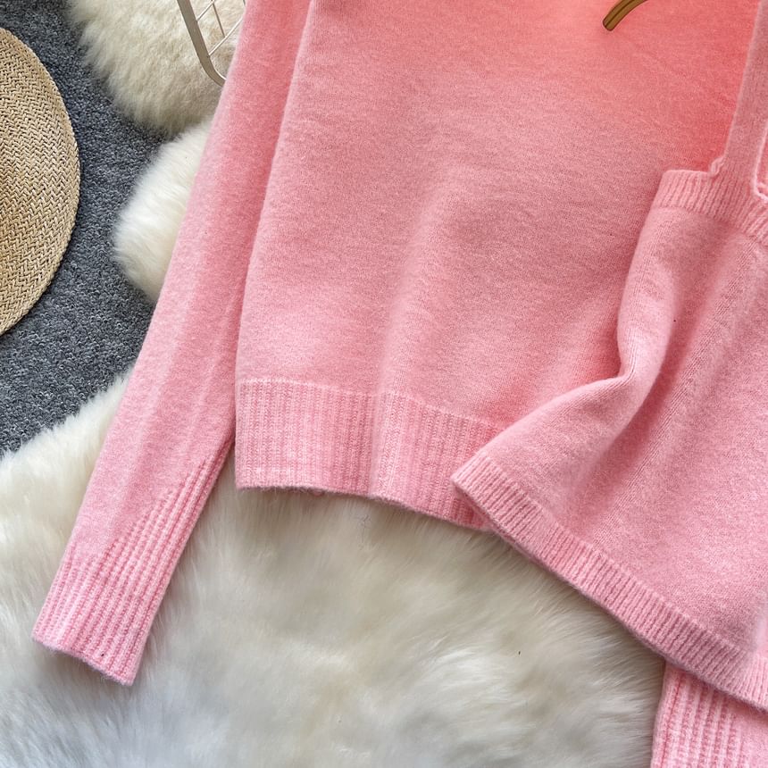 Set: Plain Knit Crop Camisole Top + V-Neck Rhinestone Accent Button-Up Cardigan