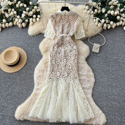 Set: Elbow-Sleeve Collared Rhinestone Accent Lace Maxi Mermaid Dress + Belt