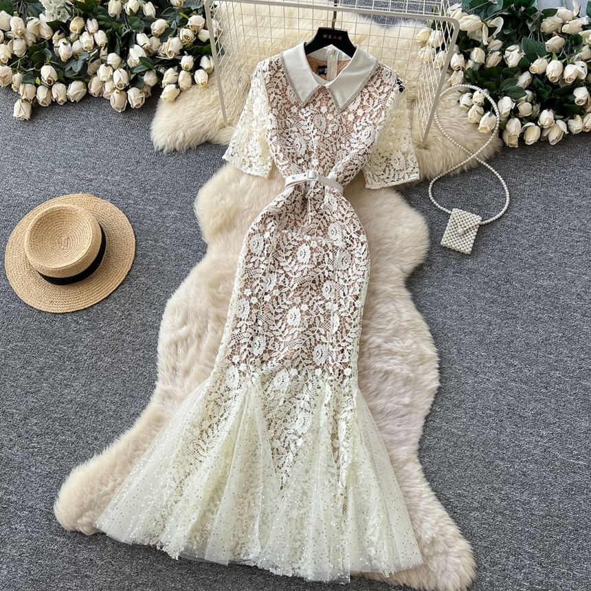 Set: Elbow-Sleeve Collared Rhinestone Accent Lace Maxi Mermaid Dress + Belt