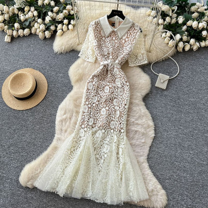 Set: Elbow-Sleeve Collared Rhinestone Accent Lace Maxi Mermaid Dress + Belt