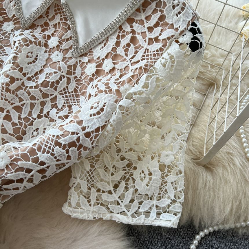 Set: Elbow-Sleeve Collared Rhinestone Accent Lace Maxi Mermaid Dress + Belt