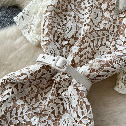 Set: Elbow-Sleeve Collared Rhinestone Accent Lace Maxi Mermaid Dress + Belt