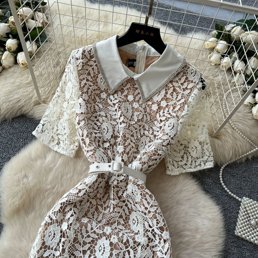 Set: Elbow-Sleeve Collared Rhinestone Accent Lace Maxi Mermaid Dress + Belt