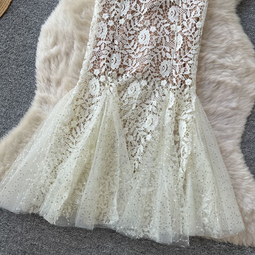 Set: Elbow-Sleeve Collared Rhinestone Accent Lace Maxi Mermaid Dress + Belt