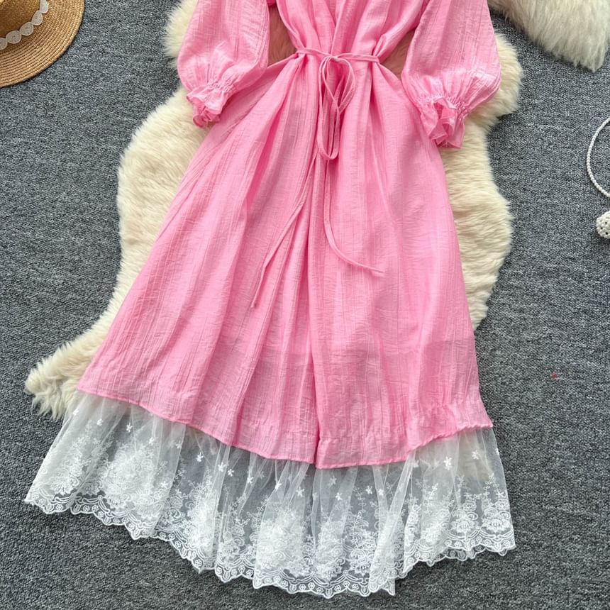 Long-Sleeve Off-Shoulder Lace Panel Tie Waist Maxi A-Line Dress