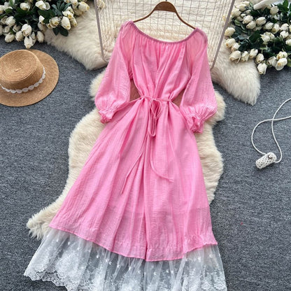 Long-Sleeve Off-Shoulder Lace Panel Tie Waist Maxi A-Line Dress