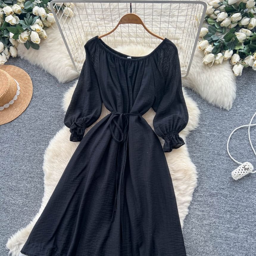 Long-Sleeve Off-Shoulder Lace Panel Tie Waist Maxi A-Line Dress