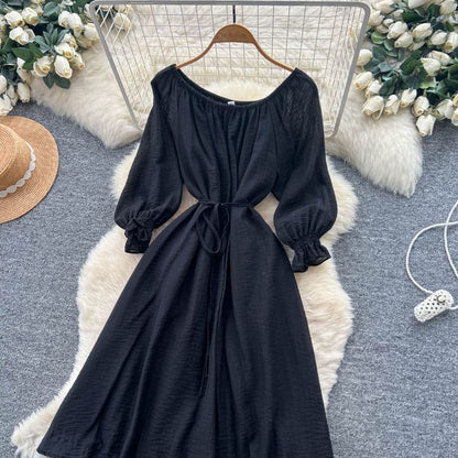 Long-Sleeve Off-Shoulder Lace Panel Tie Waist Maxi A-Line Dress