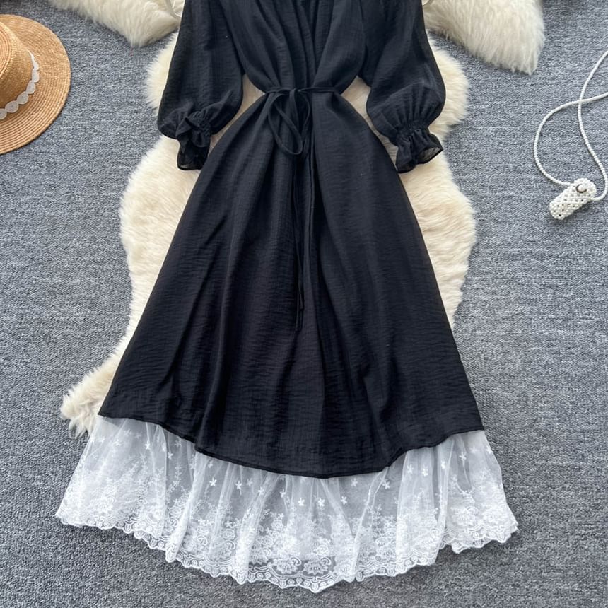 Long-Sleeve Off-Shoulder Lace Panel Tie Waist Maxi A-Line Dress