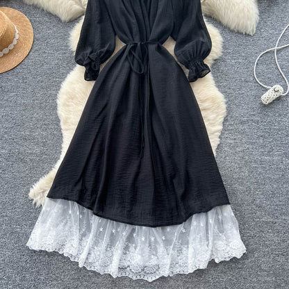 Long-Sleeve Off-Shoulder Lace Panel Tie Waist Maxi A-Line Dress