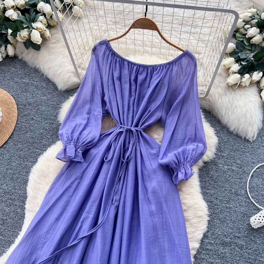 Long-Sleeve Off-Shoulder Lace Panel Tie Waist Maxi A-Line Dress