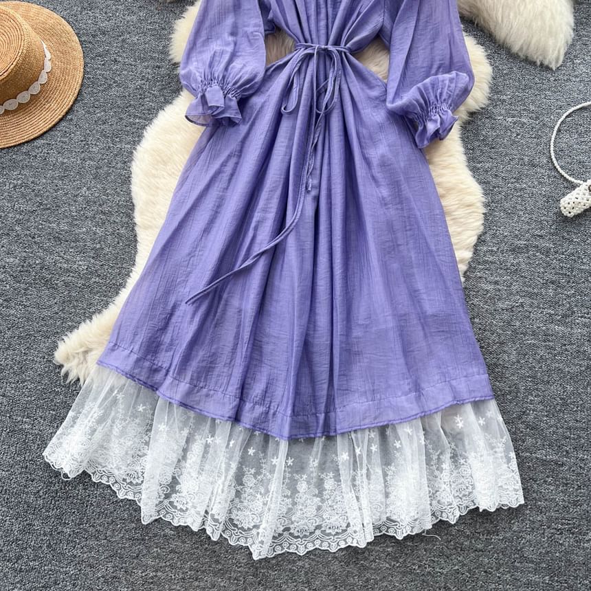 Long-Sleeve Off-Shoulder Lace Panel Tie Waist Maxi A-Line Dress