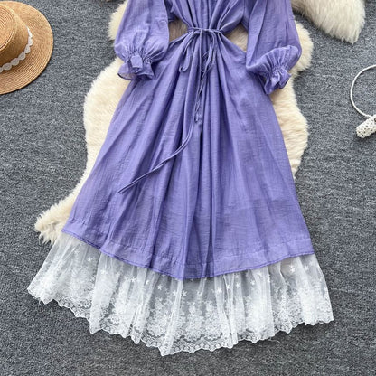Long-Sleeve Off-Shoulder Lace Panel Tie Waist Maxi A-Line Dress