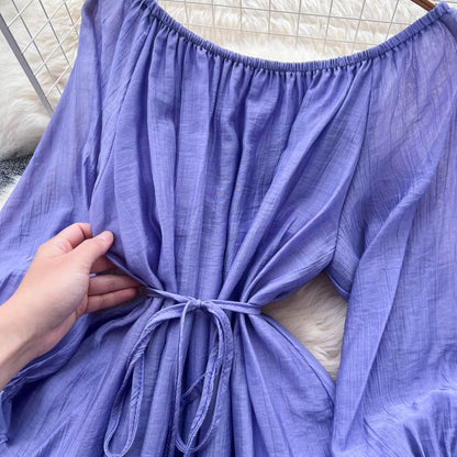 Long-Sleeve Off-Shoulder Lace Panel Tie Waist Maxi A-Line Dress
