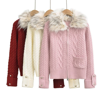 Fluffy Collar Plain Cable Knit Zip Cardigan