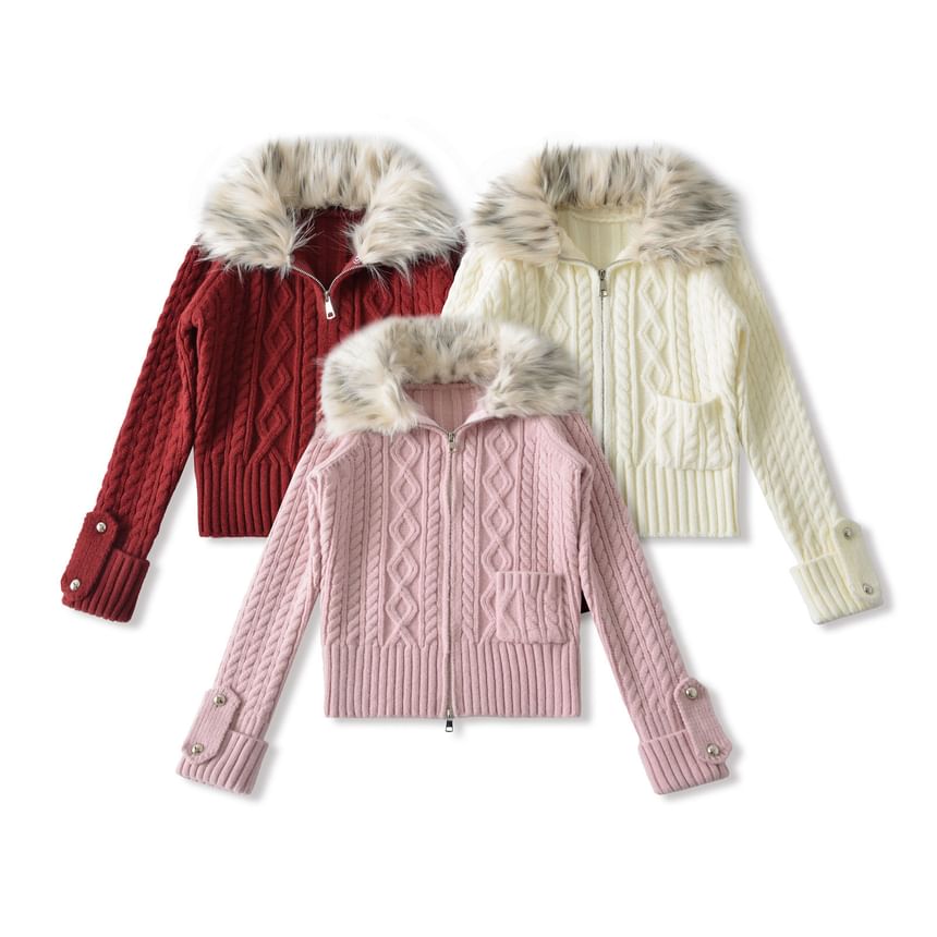 Fluffy Collar Plain Cable Knit Zip Cardigan