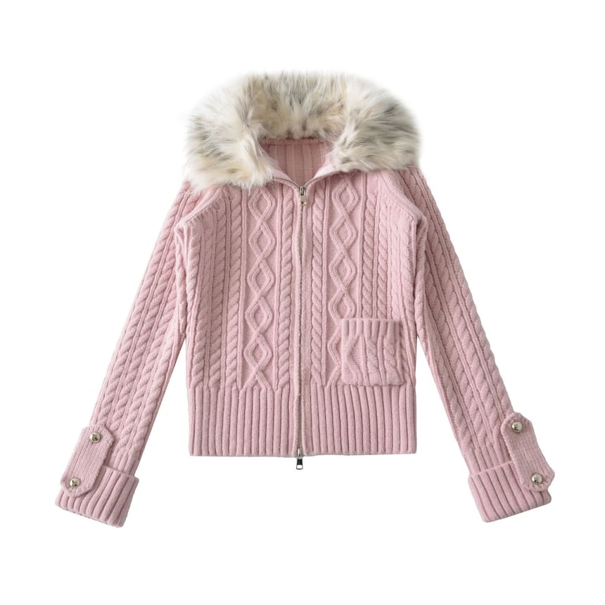 Fluffy Collar Plain Cable Knit Zip Cardigan