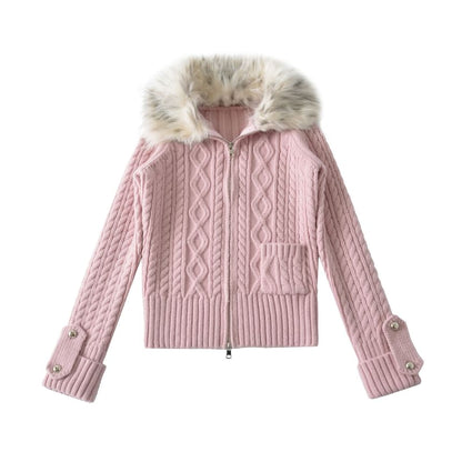 Fluffy Collar Plain Cable Knit Zip Cardigan
