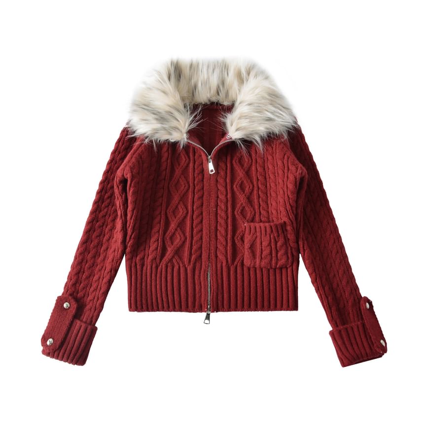 Fluffy Collar Plain Cable Knit Zip Cardigan
