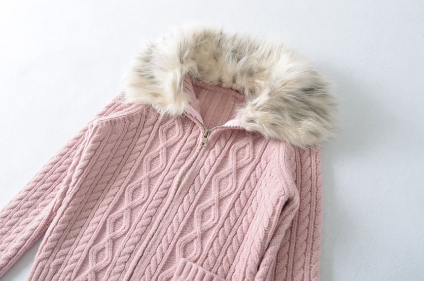Fluffy Collar Plain Cable Knit Zip Cardigan