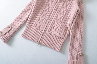 Fluffy Collar Plain Cable Knit Zip Cardigan