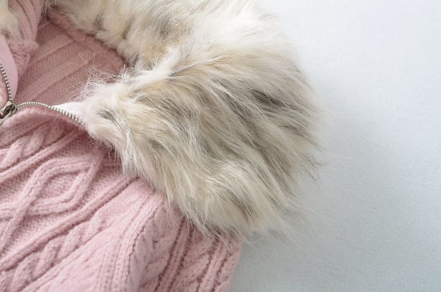 Fluffy Collar Plain Cable Knit Zip Cardigan