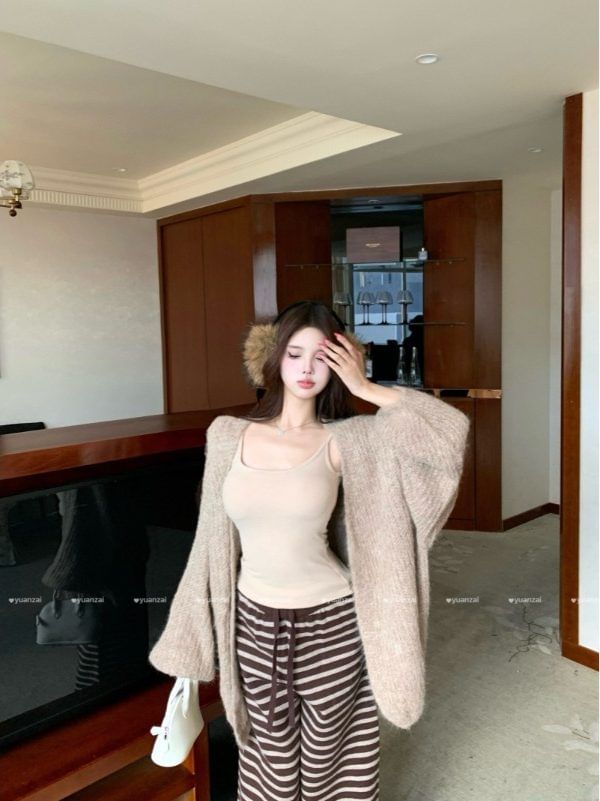 Plain Long Cardigan / Scoop Neck Camisole Top / Drawstring Waist Striped Wide Leg Pants