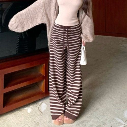 Plain Long Cardigan / Scoop Neck Camisole Top / Drawstring Waist Striped Wide Leg Pants