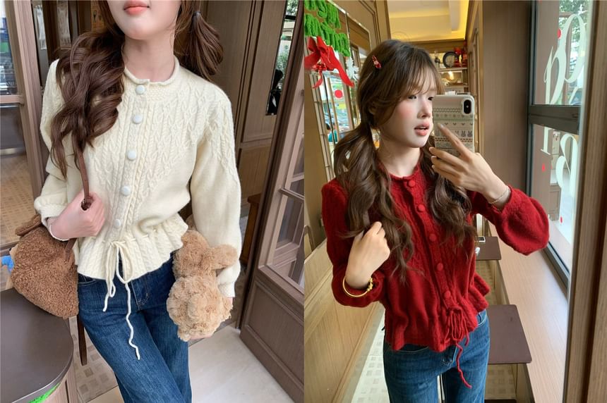 Round Neck Plain Drawstring Cable Knit Cardigan