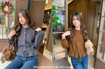 Round Neck Plain Drawstring Cable Knit Cardigan